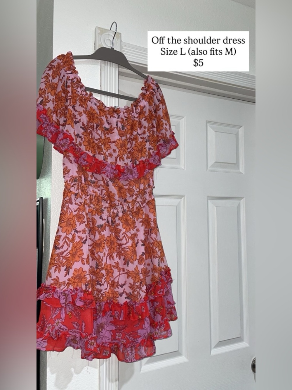 Floral Off-Shoulder Ruffle Mini Dress - Pink & Orange